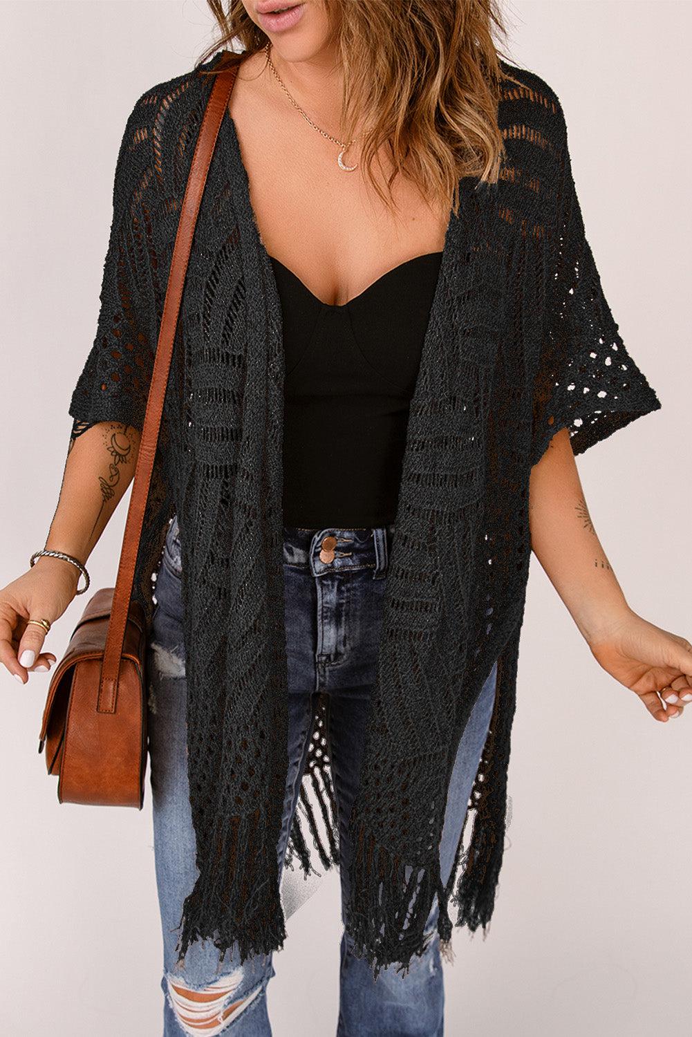 Fringe Hem Slit Open Front Cardigan BLUE ZONE PLANET