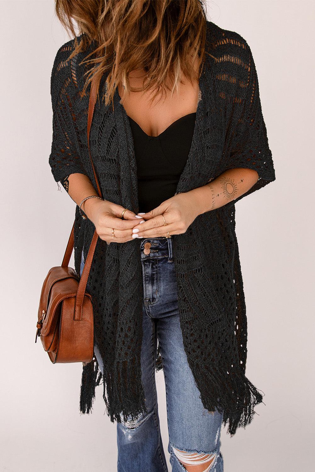 Fringe Hem Slit Open Front Cardigan BLUE ZONE PLANET