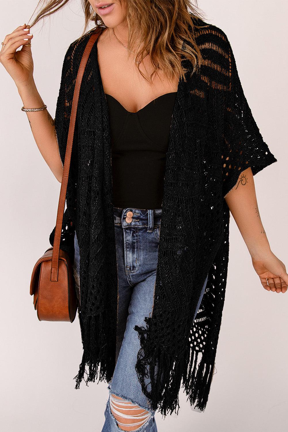 Fringe Hem Slit Open Front Cardigan BLUE ZONE PLANET