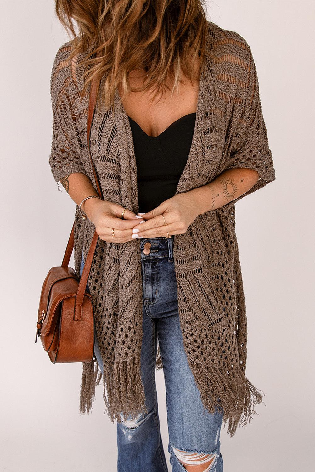 Fringe Hem Slit Open Front Cardigan BLUE ZONE PLANET