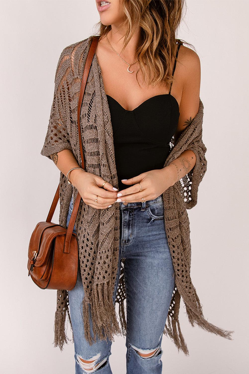 Fringe Hem Slit Open Front Cardigan BLUE ZONE PLANET