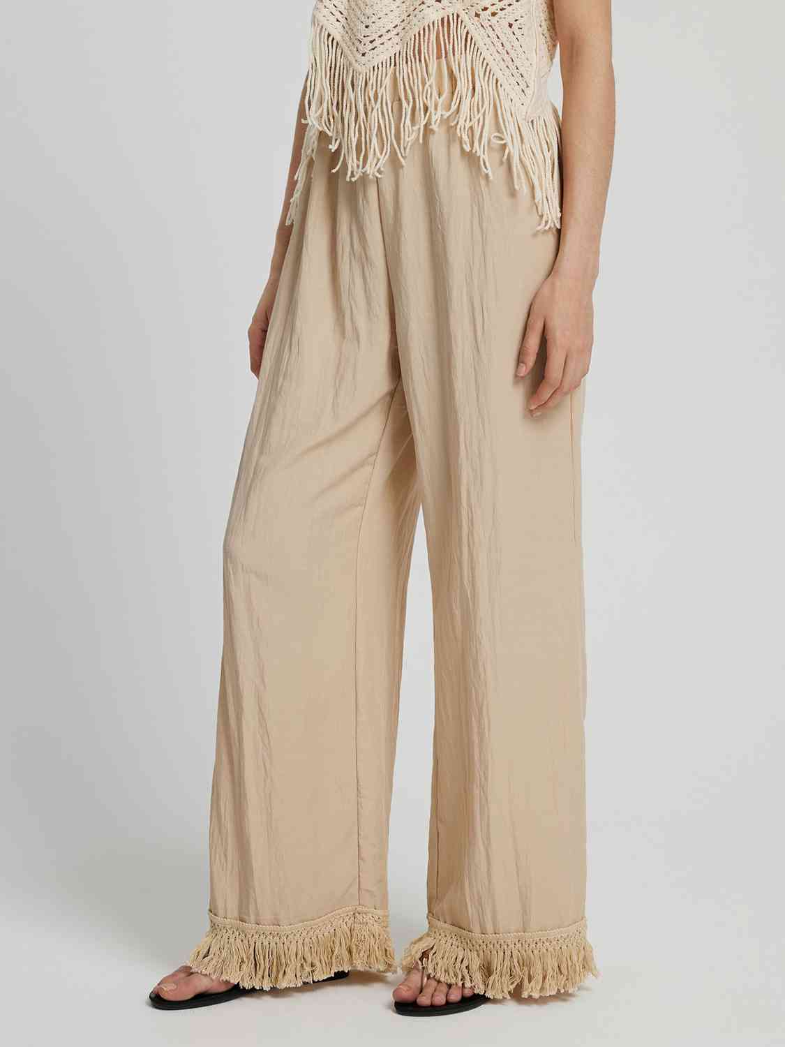 Fringe Hem Wide Leg Long Pants BLUE ZONE PLANET