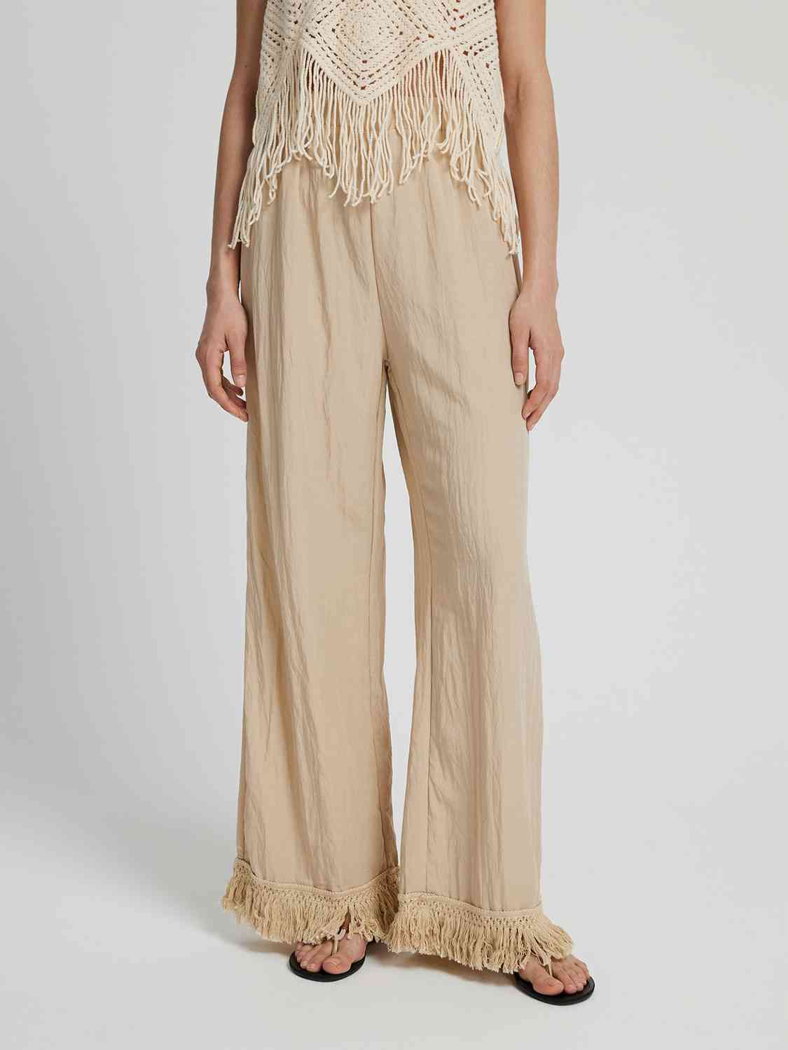 Fringe Hem Wide Leg Long Pants BLUE ZONE PLANET