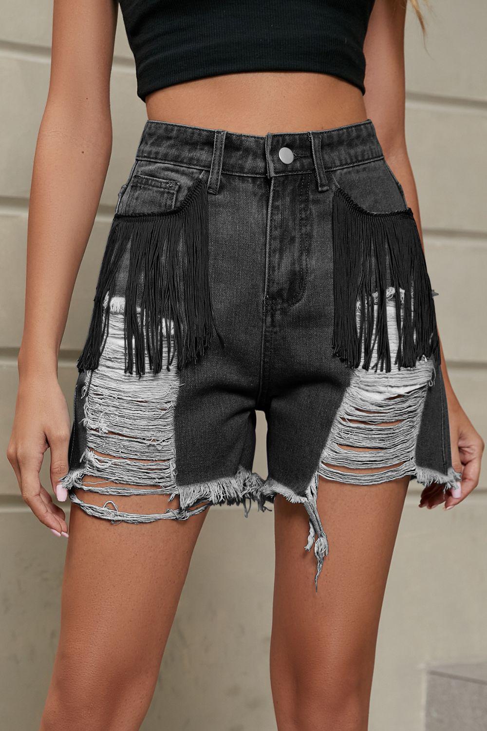 Fringe Trim Distressed Denim Shorts with Pockets BLUE ZONE PLANET