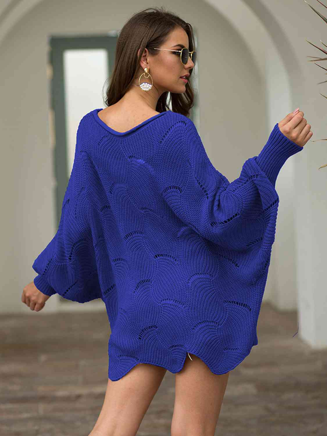 Full Size Boat Neck Lantern Sleeve Openwork Knit Top BLUE ZONE PLANET