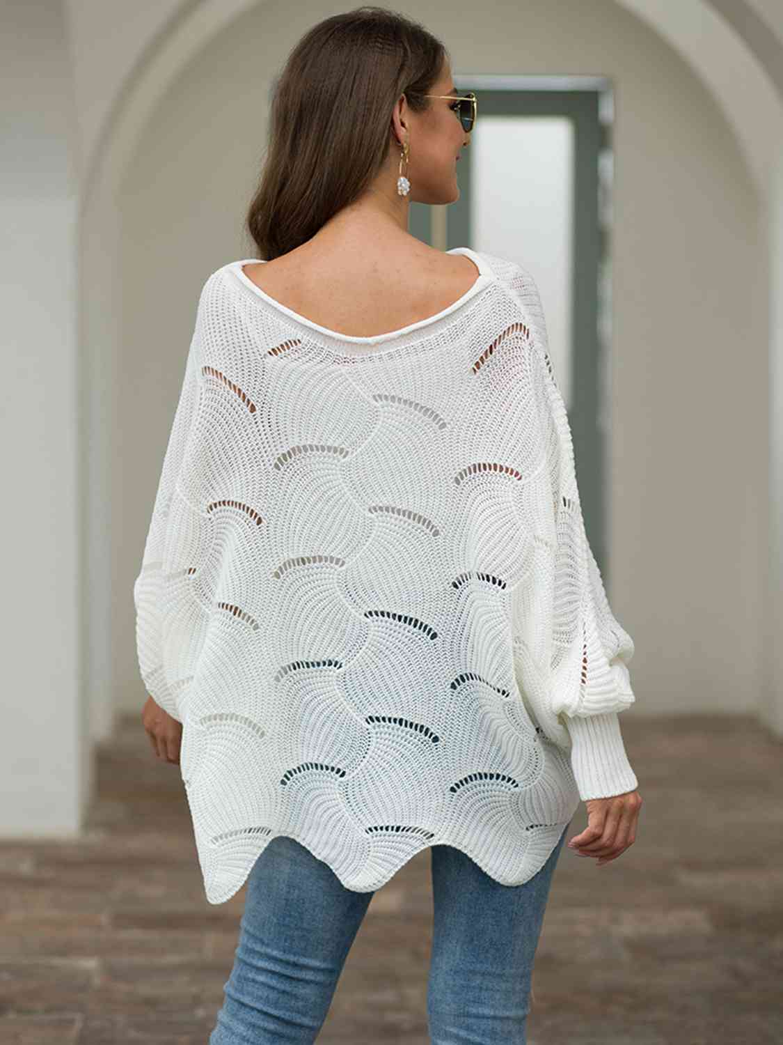 Full Size Boat Neck Lantern Sleeve Openwork Knit Top BLUE ZONE PLANET