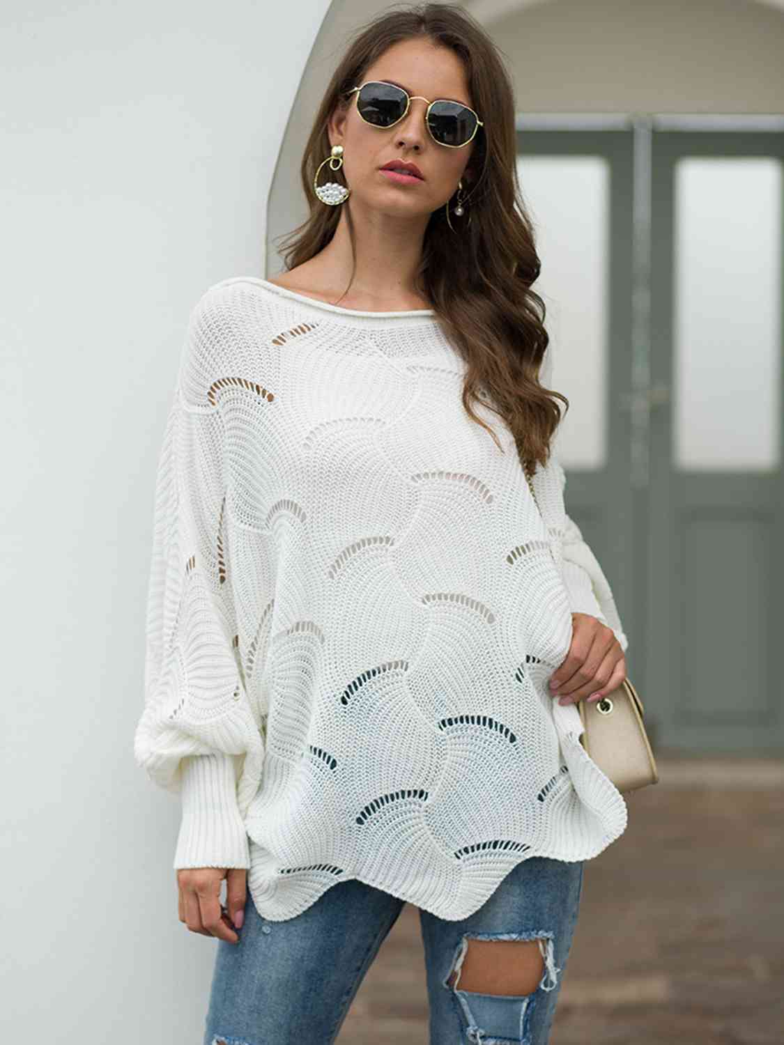 Full Size Boat Neck Lantern Sleeve Openwork Knit Top BLUE ZONE PLANET