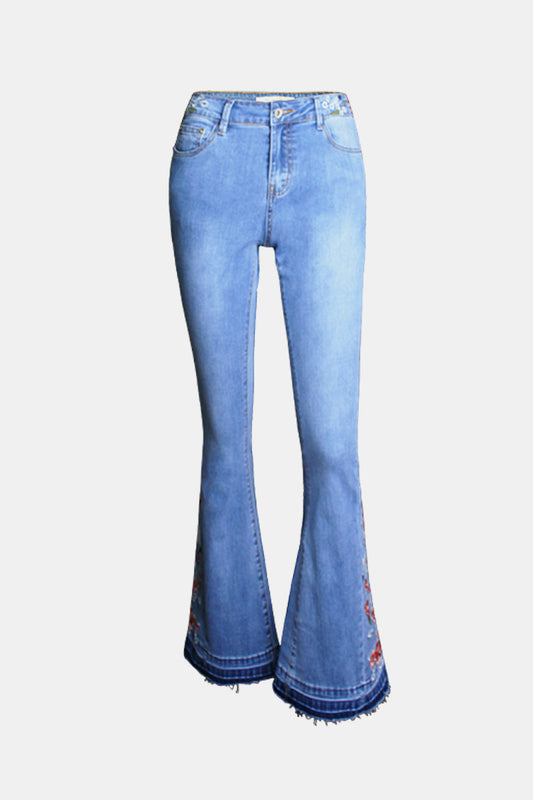 Full Size Button Fly Raw Hem Flare Jeans BLUE ZONE PLANET