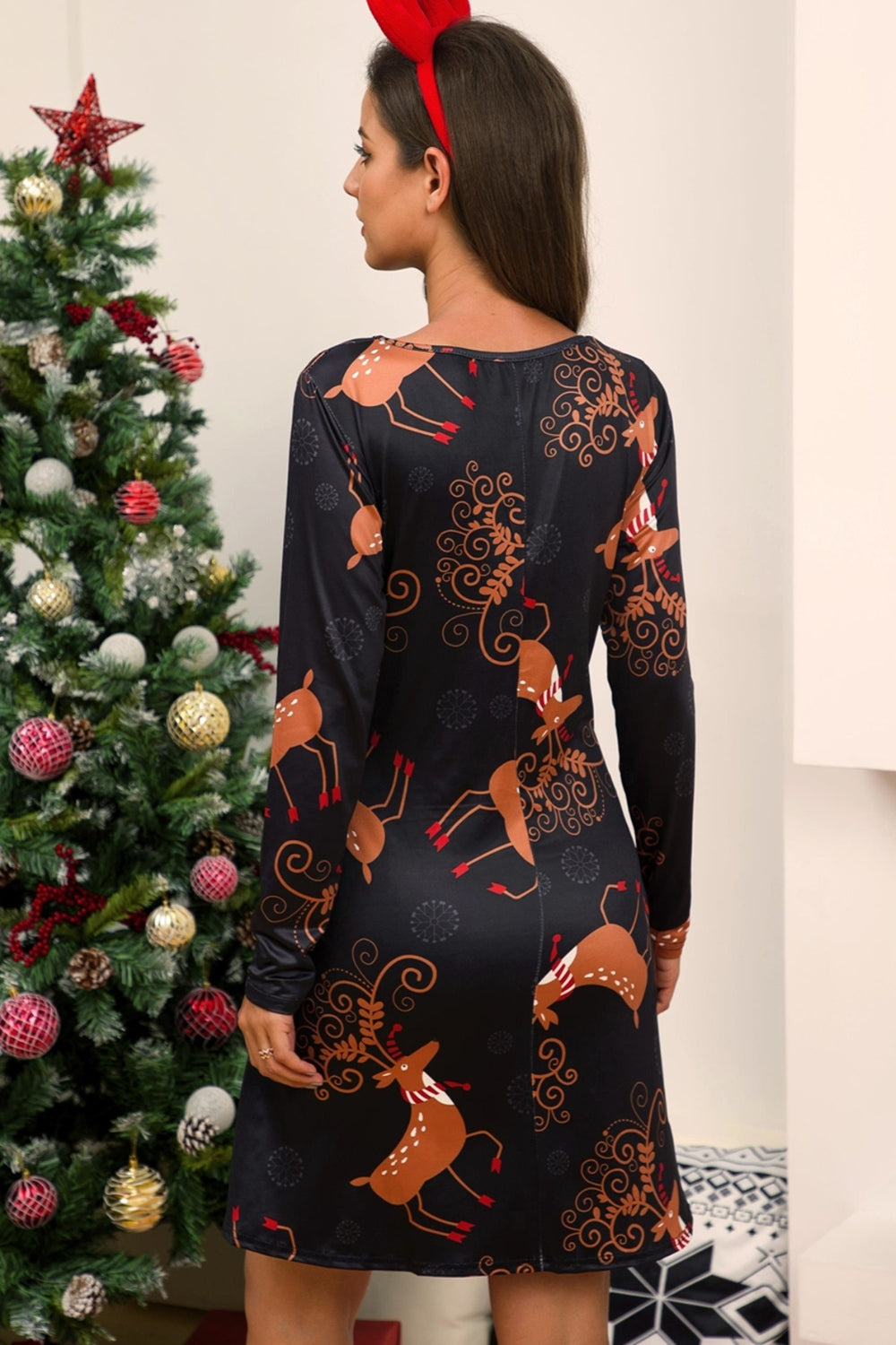 Full Size Christmas Long Sleeve Dress BLUE ZONE PLANET