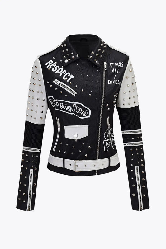 Full Size Contrast Letter Print Studded PU Leather Jacket BLUE ZONE PLANET