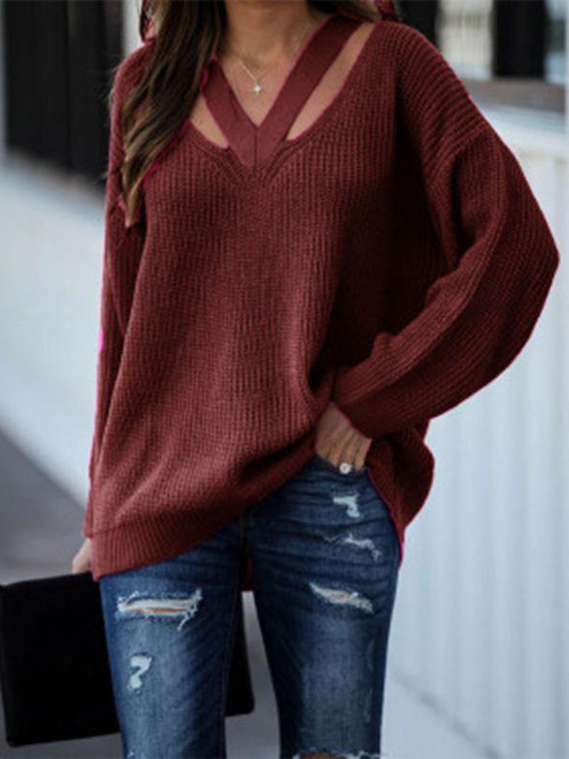 Full Size Cutout V-Neck Rib-Knit Sweater-TOPS / DRESSES-[Adult]-[Female]-Chocolate-S-2022 Online Blue Zone Planet