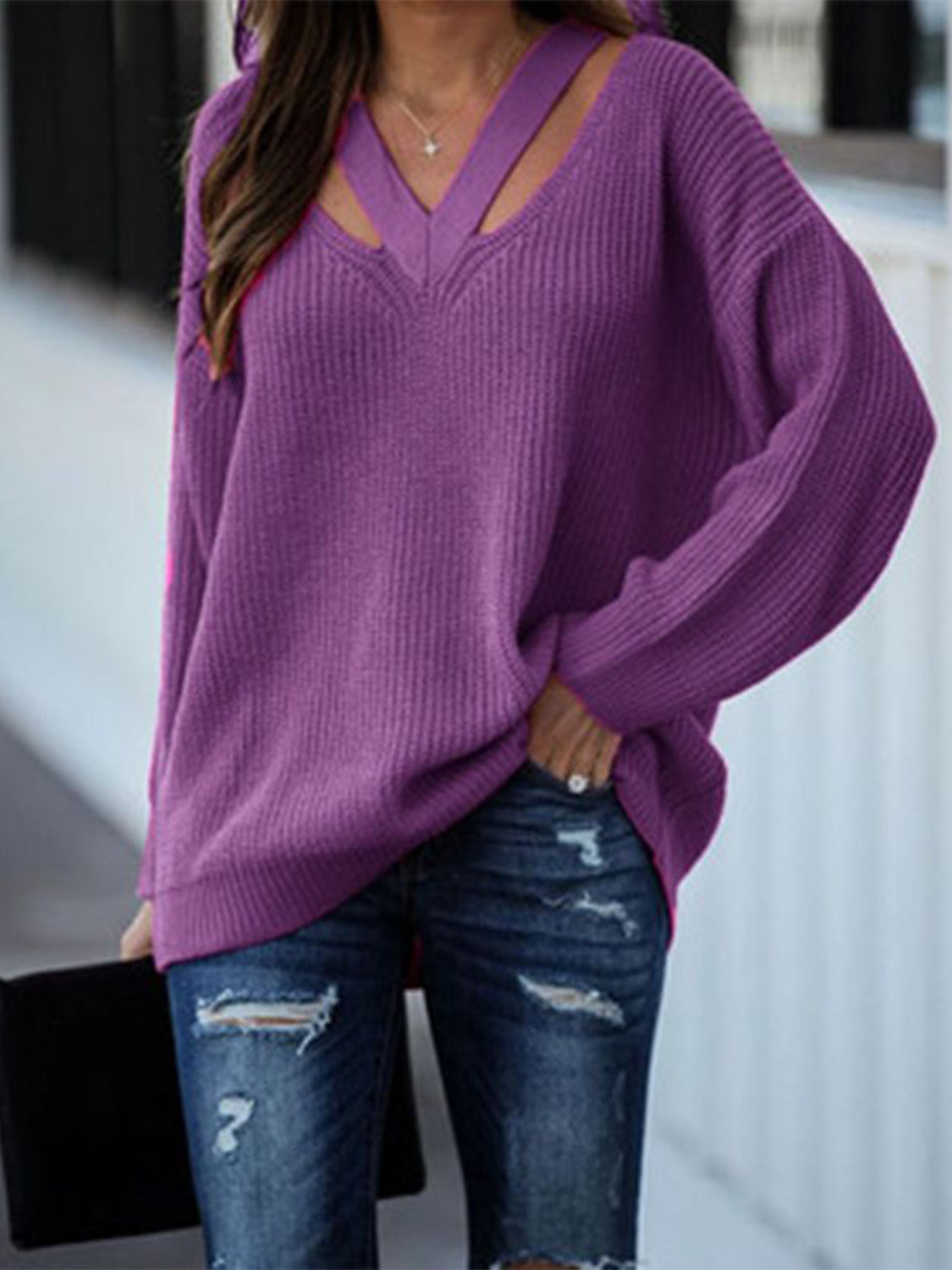 Full Size Cutout V-Neck Rib-Knit Sweater-TOPS / DRESSES-[Adult]-[Female]-Dusty Purple-S-2022 Online Blue Zone Planet