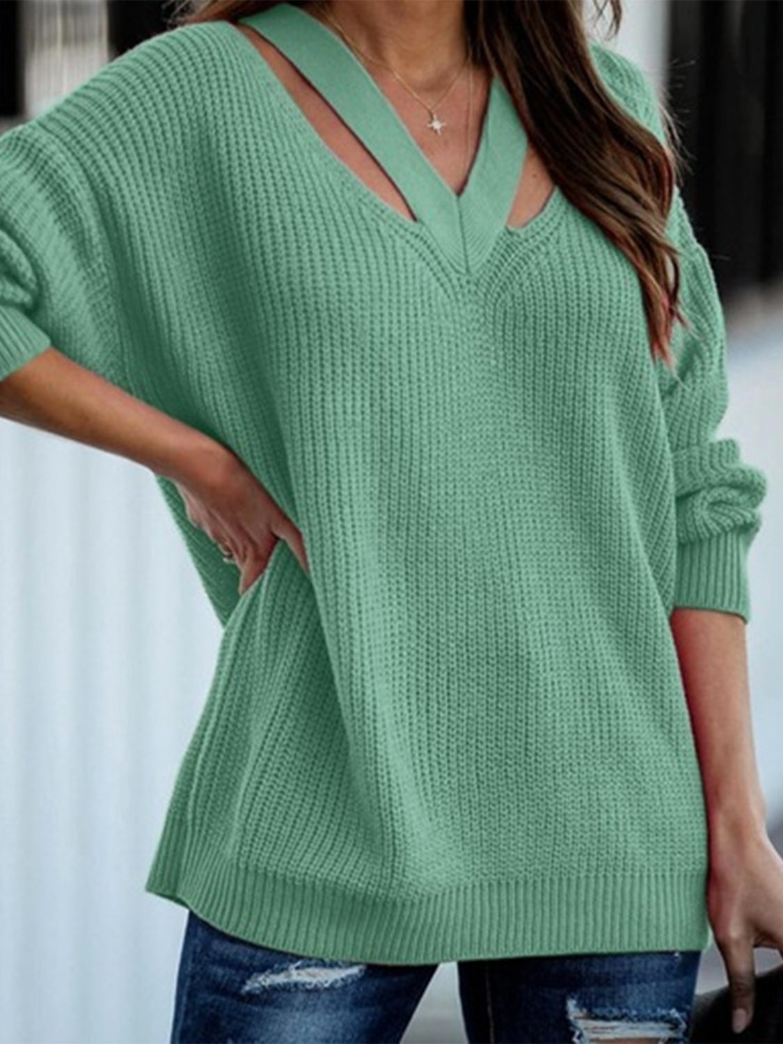 Full Size Cutout V-Neck Rib-Knit Sweater-TOPS / DRESSES-[Adult]-[Female]-Gum Leaf-S-2022 Online Blue Zone Planet