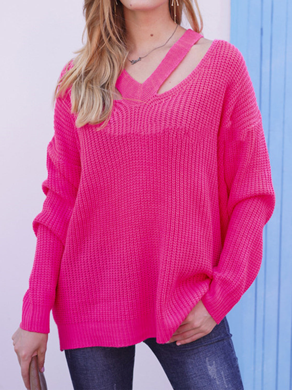 Full Size Cutout V-Neck Rib-Knit Sweater-TOPS / DRESSES-[Adult]-[Female]-Hot Pink-S-2022 Online Blue Zone Planet