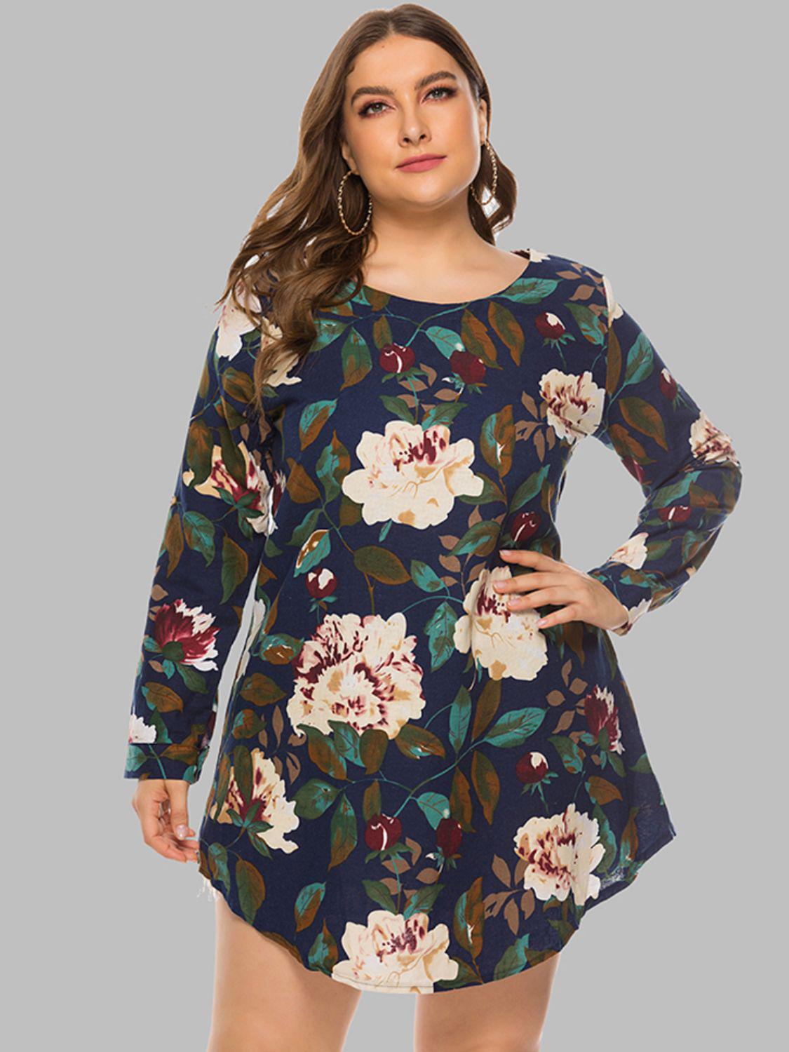 Full Size Floral Long Sleeve Mini Dress BLUE ZONE PLANET