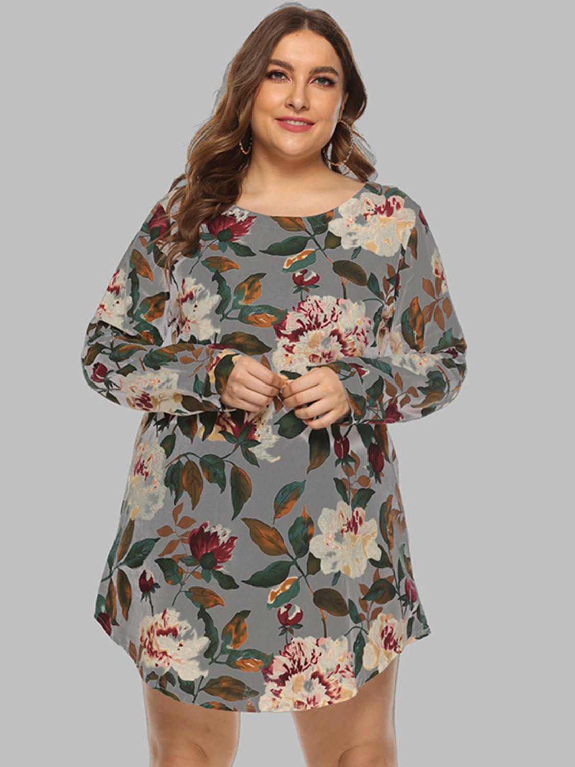 Full Size Floral Long Sleeve Mini Dress BLUE ZONE PLANET