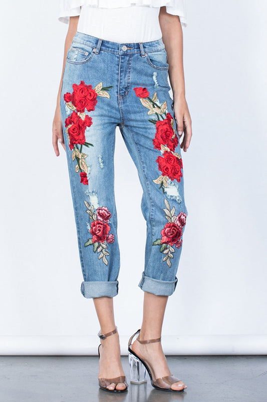 Full Size Flower Embroidery Button Fly Jeans BLUE ZONE PLANET