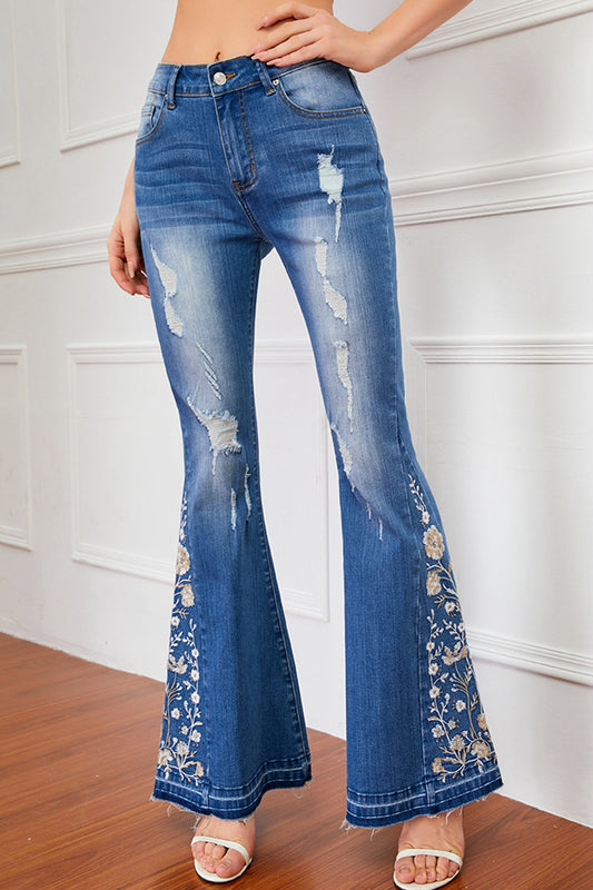 Full Size Flower Embroidery Distressed Jeans BLUE ZONE PLANET