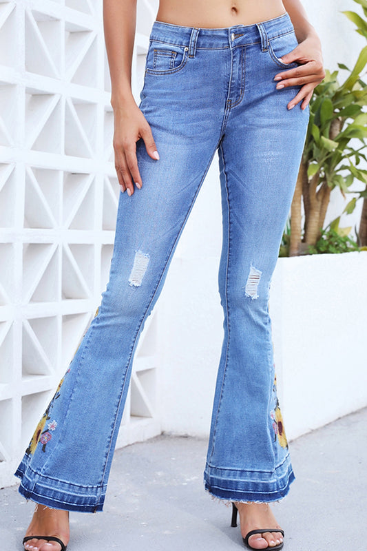 Full Size Flower Embroidery Distressed Wide Leg Jeans BLUE ZONE PLANET