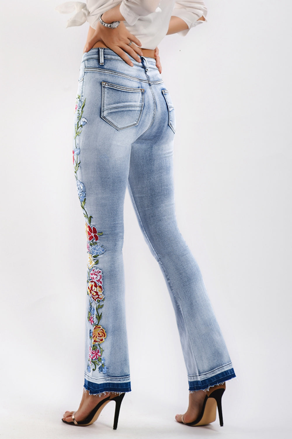 Full Size Flower Embroidery Wide Leg Jeans BLUE ZONE PLANET