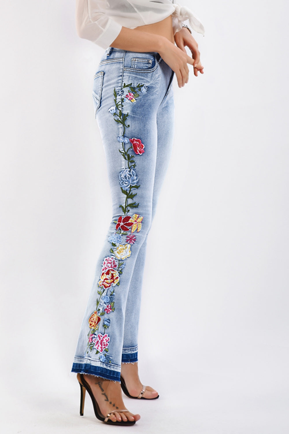 Full Size Flower Embroidery Wide Leg Jeans BLUE ZONE PLANET