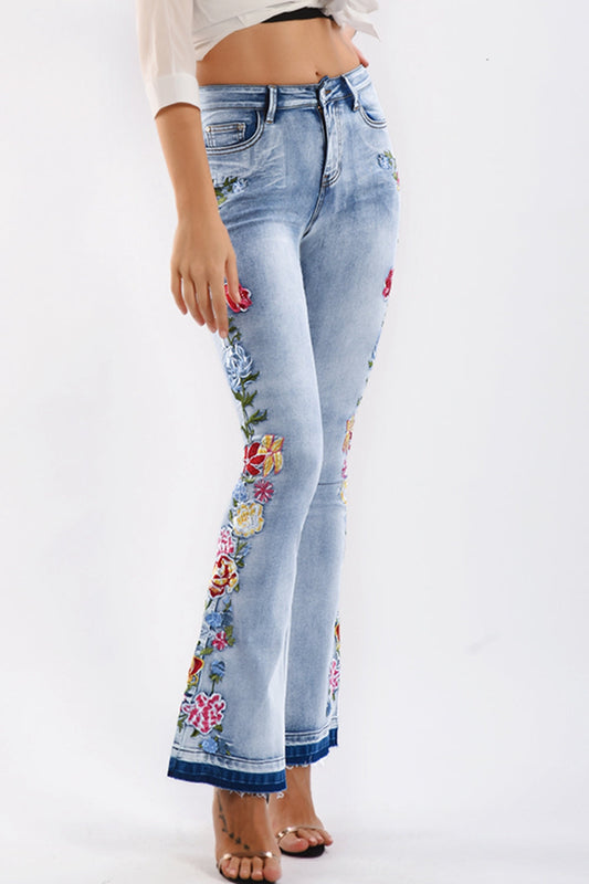 Full Size Flower Embroidery Wide Leg Jeans BLUE ZONE PLANET