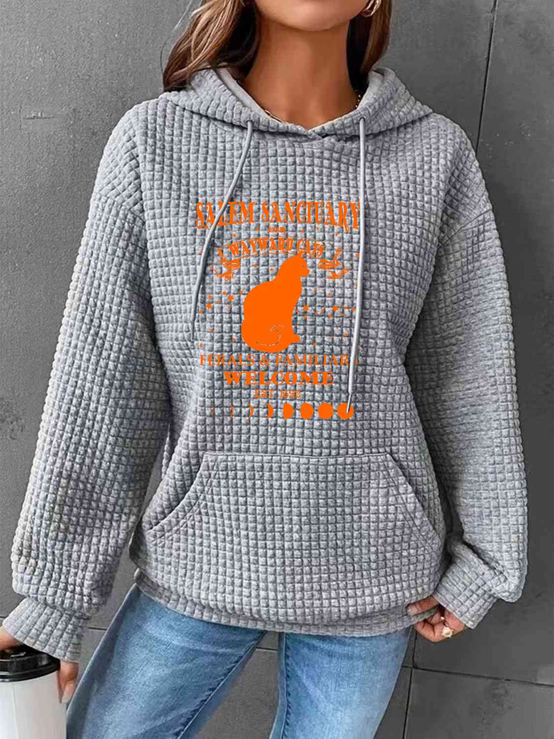 Full Size Graphic Textured Hoodie with Pocket BLUE ZONE PLANET
