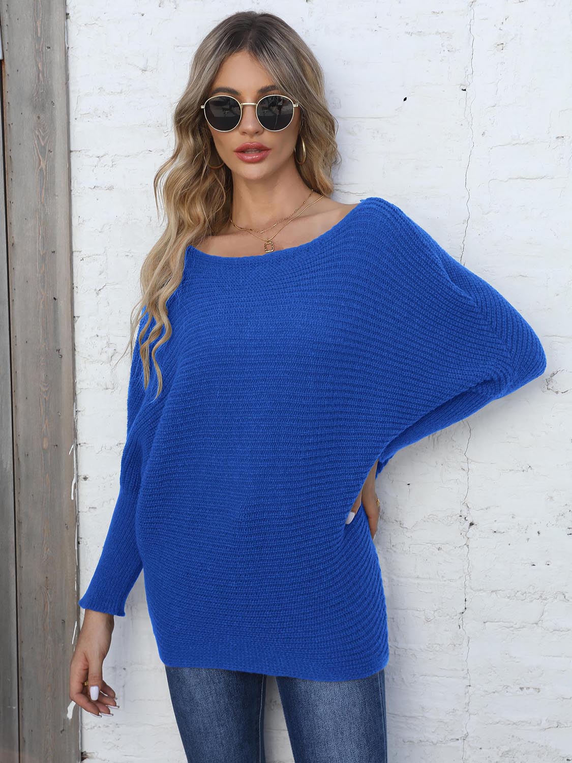 Full Size Horizontal Ribbing Dolman Sleeve Sweater BLUE ZONE PLANET