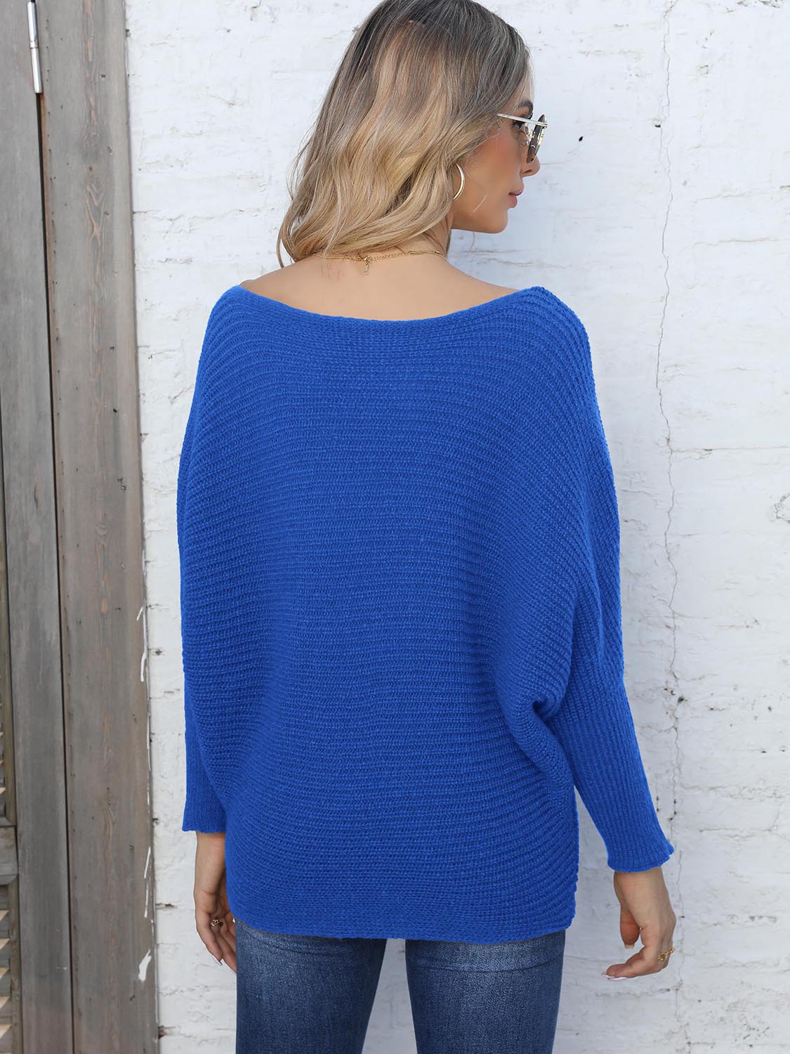 Full Size Horizontal Ribbing Dolman Sleeve Sweater BLUE ZONE PLANET