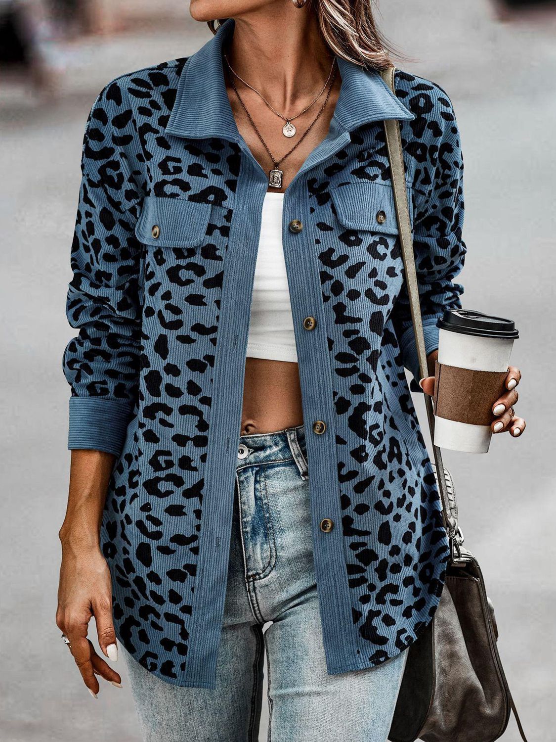 Full Size Leopard Buttoned Jacket BLUE ZONE PLANET