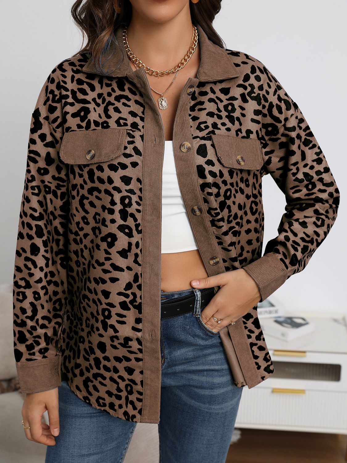 Full Size Leopard Buttoned Jacket BLUE ZONE PLANET