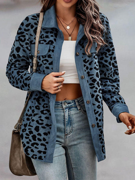 Full Size Leopard Buttoned Jacket BLUE ZONE PLANET