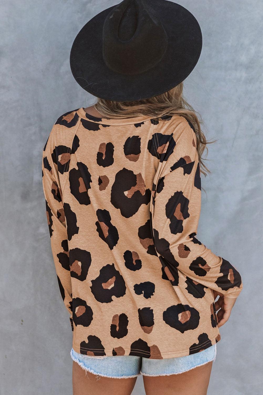 Full Size Leopard Print Round Neck Long Sleeve Tee BLUE ZONE PLANET