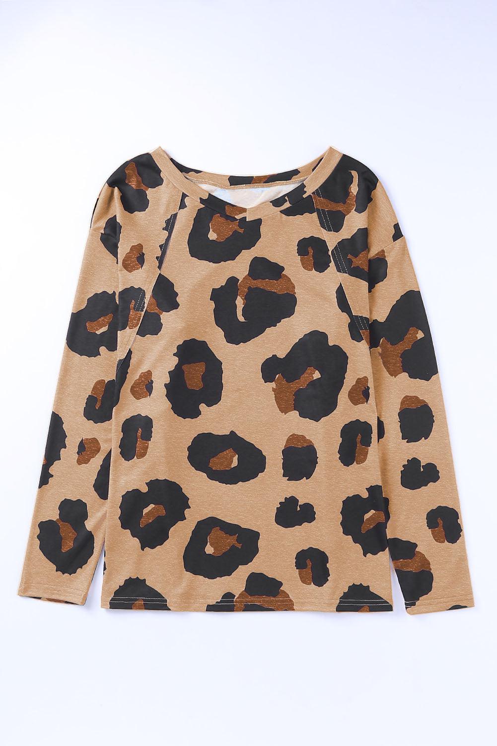 Full Size Leopard Print Round Neck Long Sleeve Tee BLUE ZONE PLANET