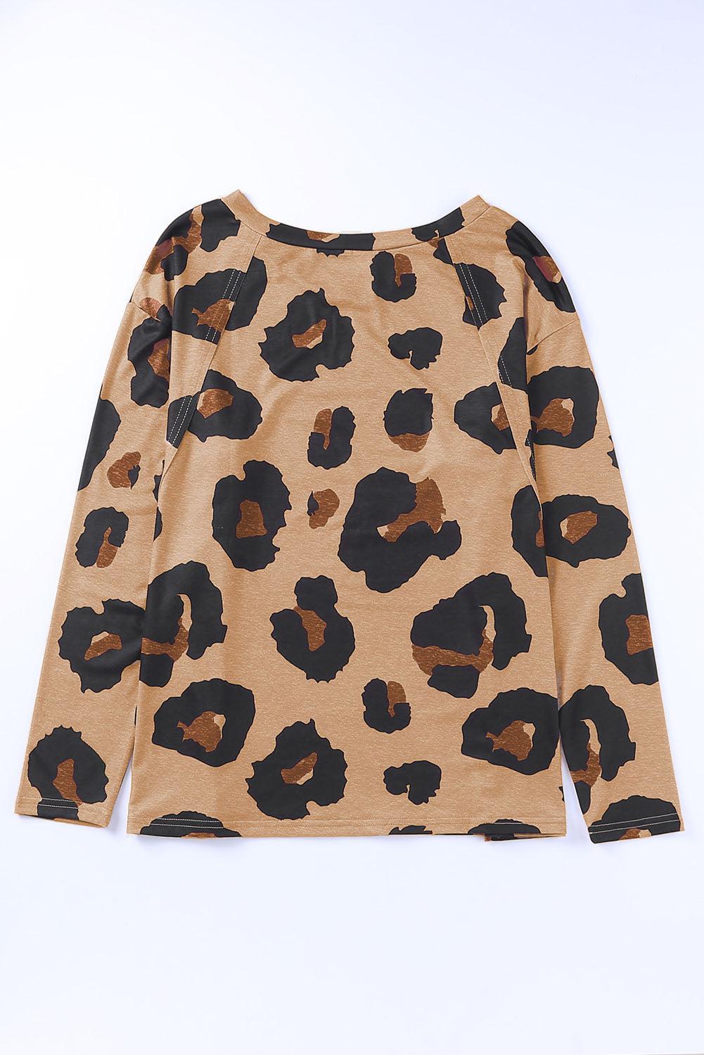 Full Size Leopard Print Round Neck Long Sleeve Tee BLUE ZONE PLANET