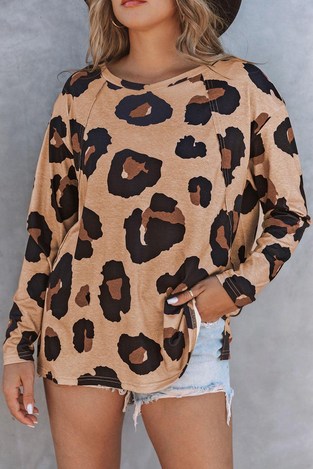 Full Size Leopard Print Round Neck Long Sleeve Tee BLUE ZONE PLANET