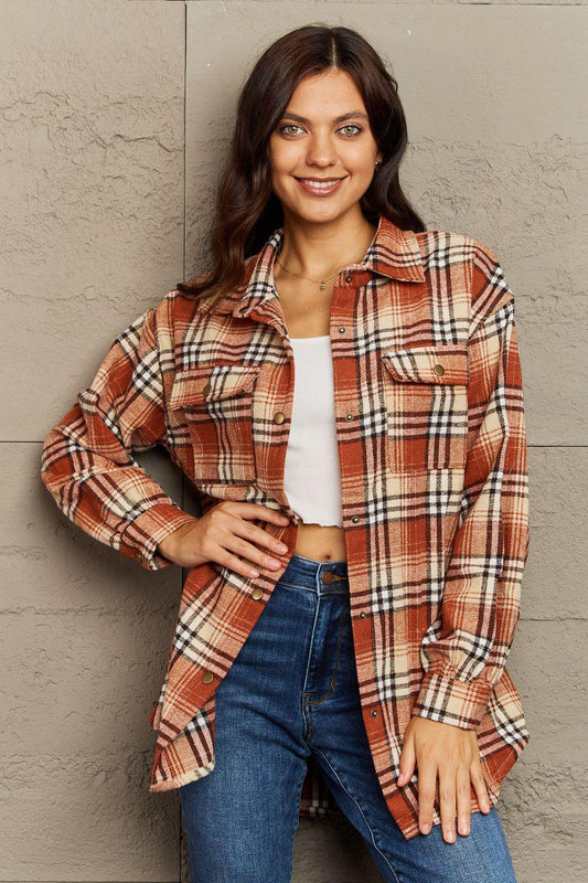 Full Size Plaid Collared Neck Button-Down Long Sleeve Jacket BLUE ZONE PLANET