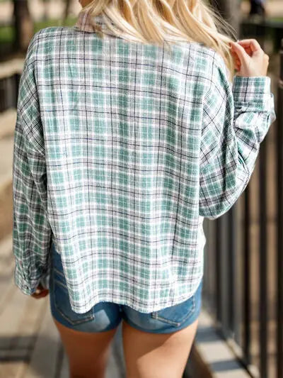 Full Size Plaid Contrast Pocketed Dropped Shoulder Shirt Trendsi