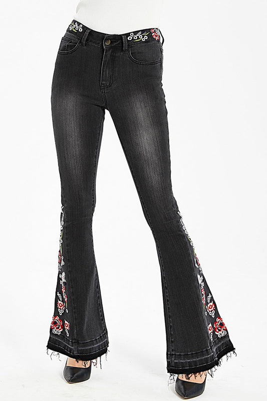 Full Size Raw Hem Flower Embroidery Jeans BLUE ZONE PLANET