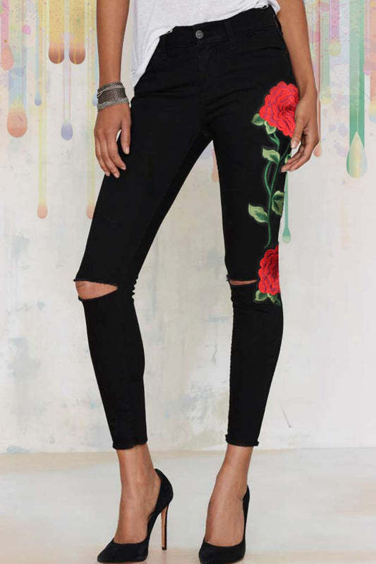 Full Size Rose Embroidery Cutout Jeans BLUE ZONE PLANET
