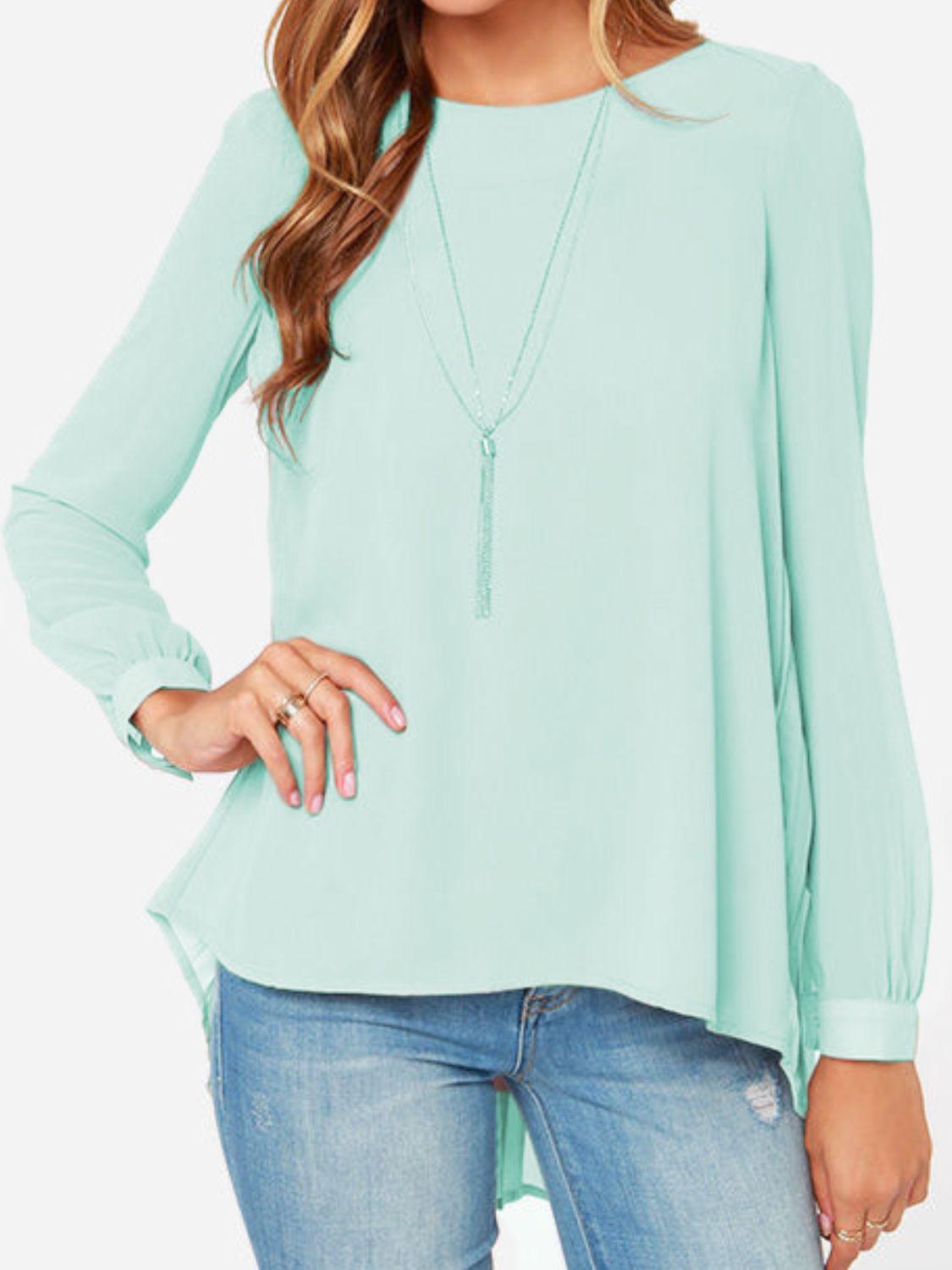 Full Size Round Neck Back Pleated Blouse BLUE ZONE PLANET