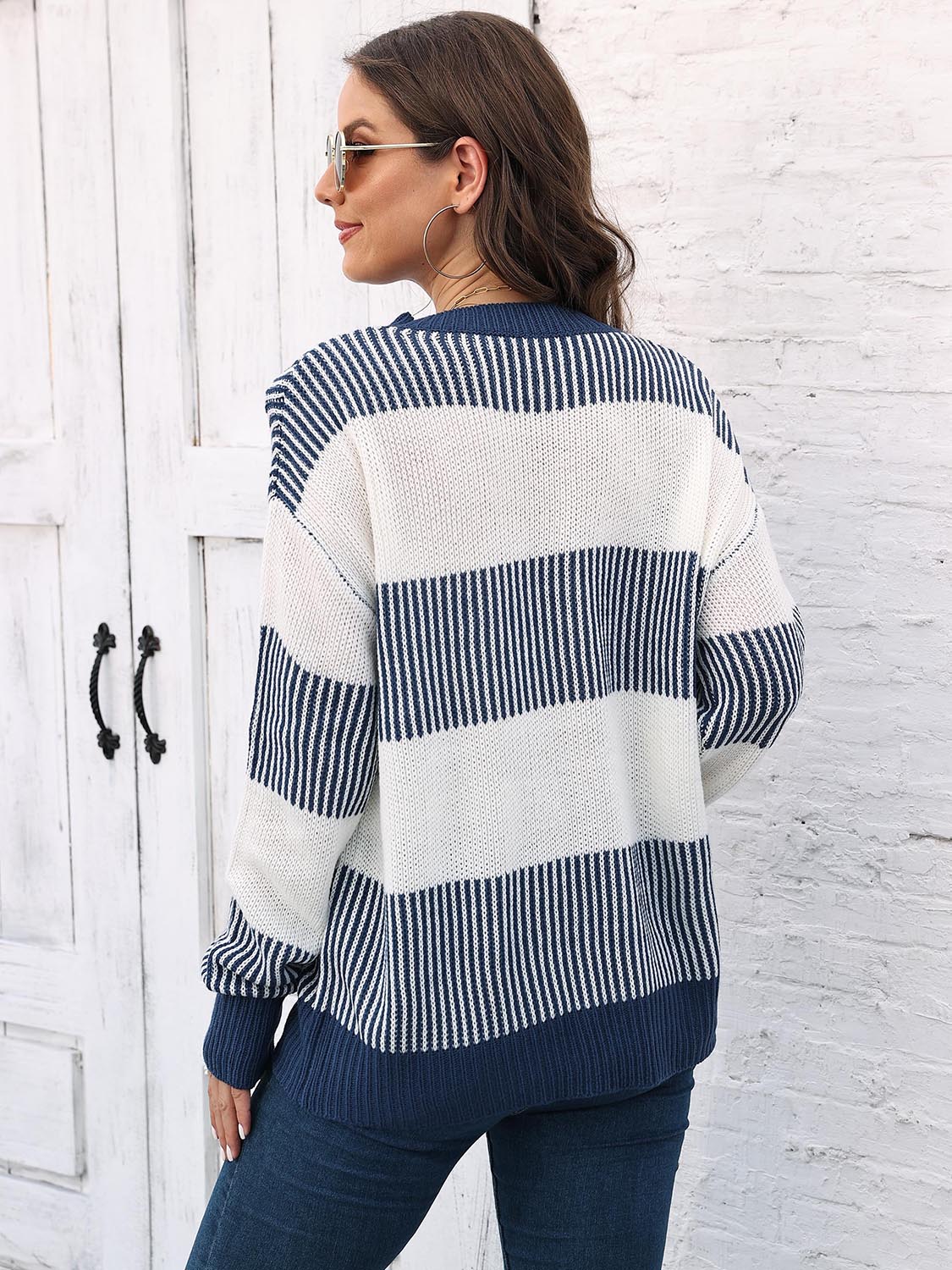 Full Size Round Neck Drop Shoulder Sweater BLUE ZONE PLANET