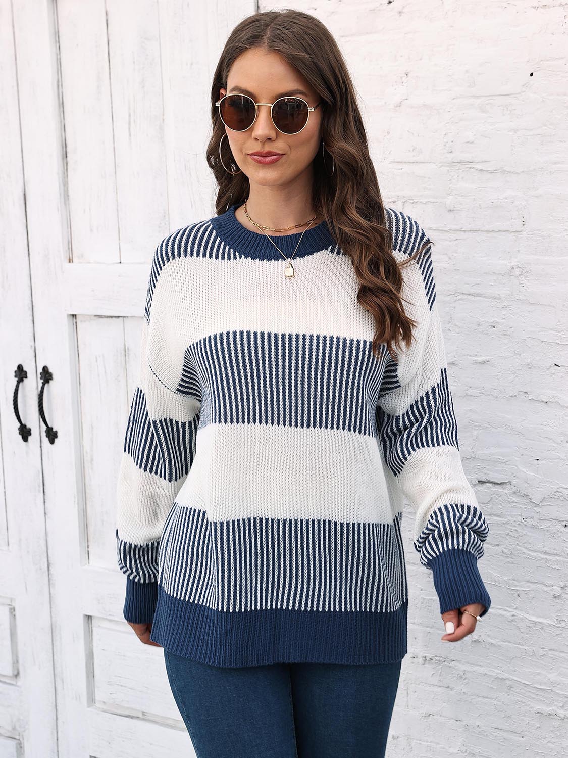 Full Size Round Neck Drop Shoulder Sweater-TOPS / DRESSES-[Adult]-[Female]-Dusty Blue-S-2022 Online Blue Zone Planet