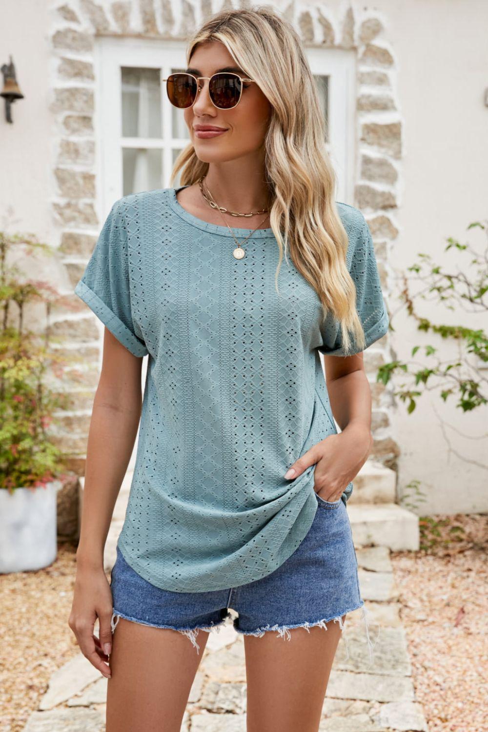 Full Size Round Neck Eyelet Short Sleeve Top BLUE ZONE PLANET