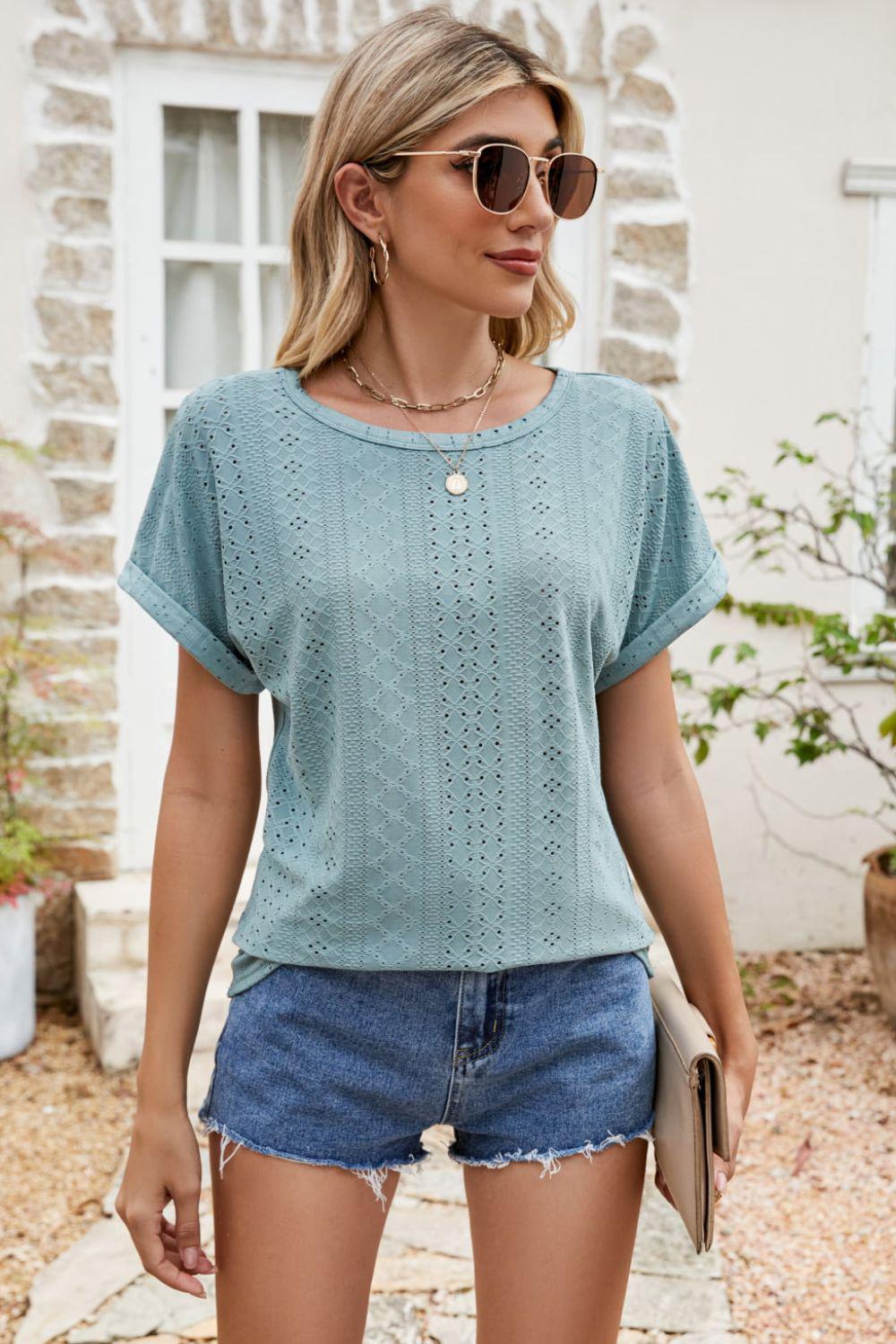 Full Size Round Neck Eyelet Short Sleeve Top BLUE ZONE PLANET