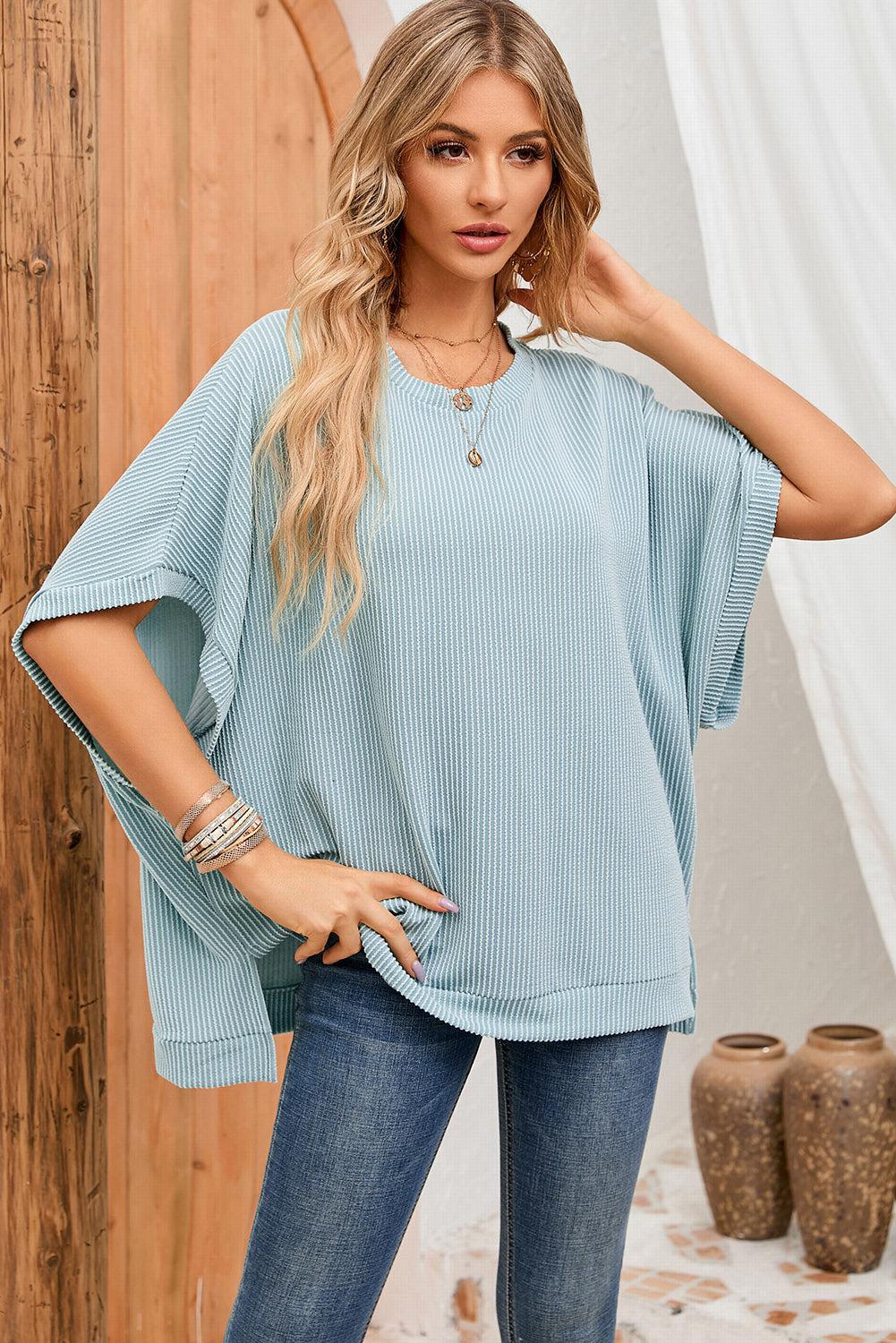 Full Size Round Neck Ribbed Slit Tunic Top BLUE ZONE PLANET