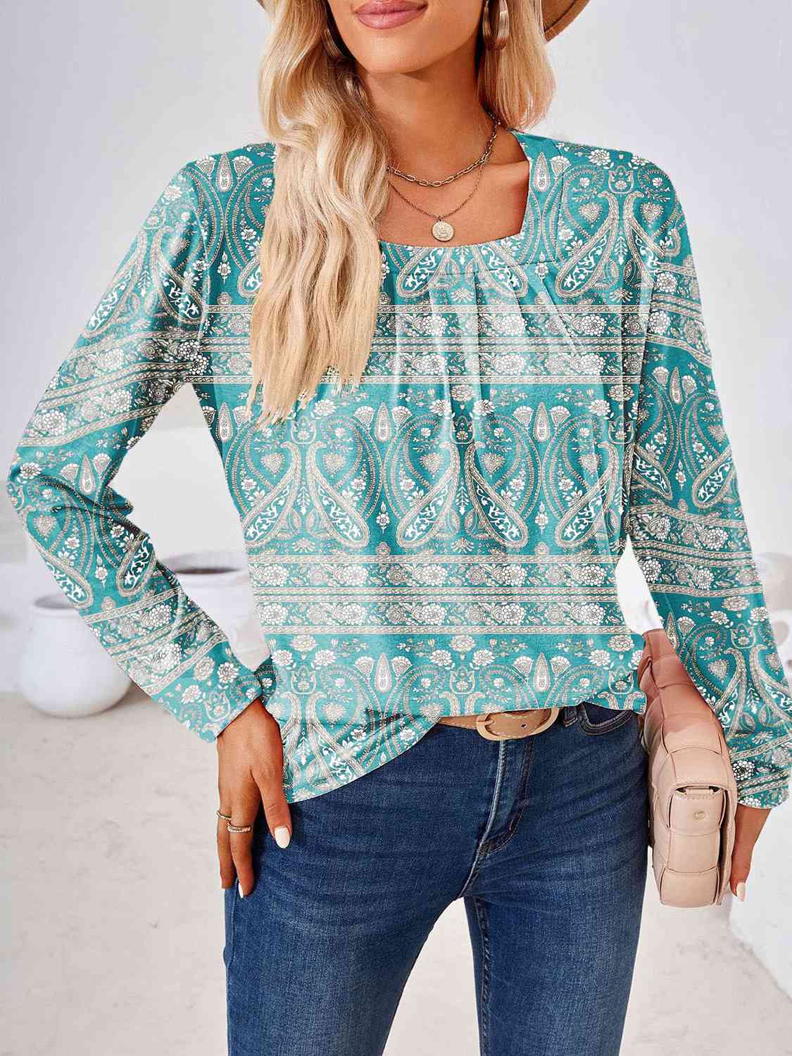 Full Size Square Neck Long Sleeve Blouse BLUE ZONE PLANET