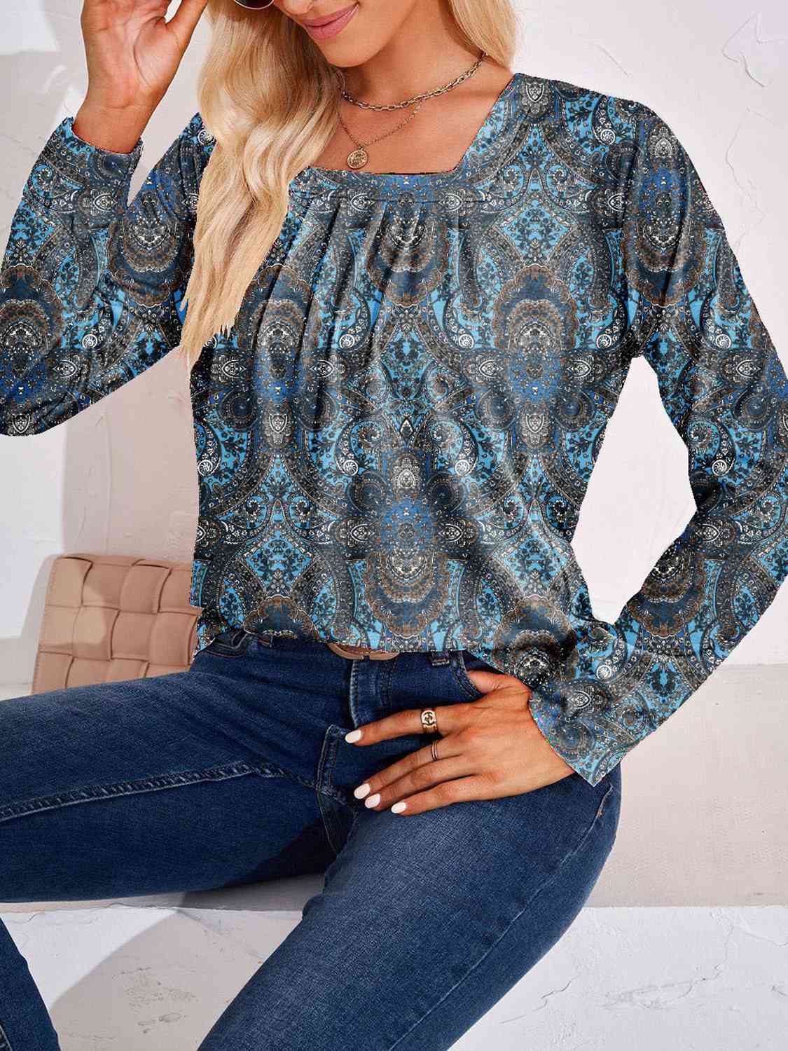 Full Size Square Neck Long Sleeve Blouse BLUE ZONE PLANET