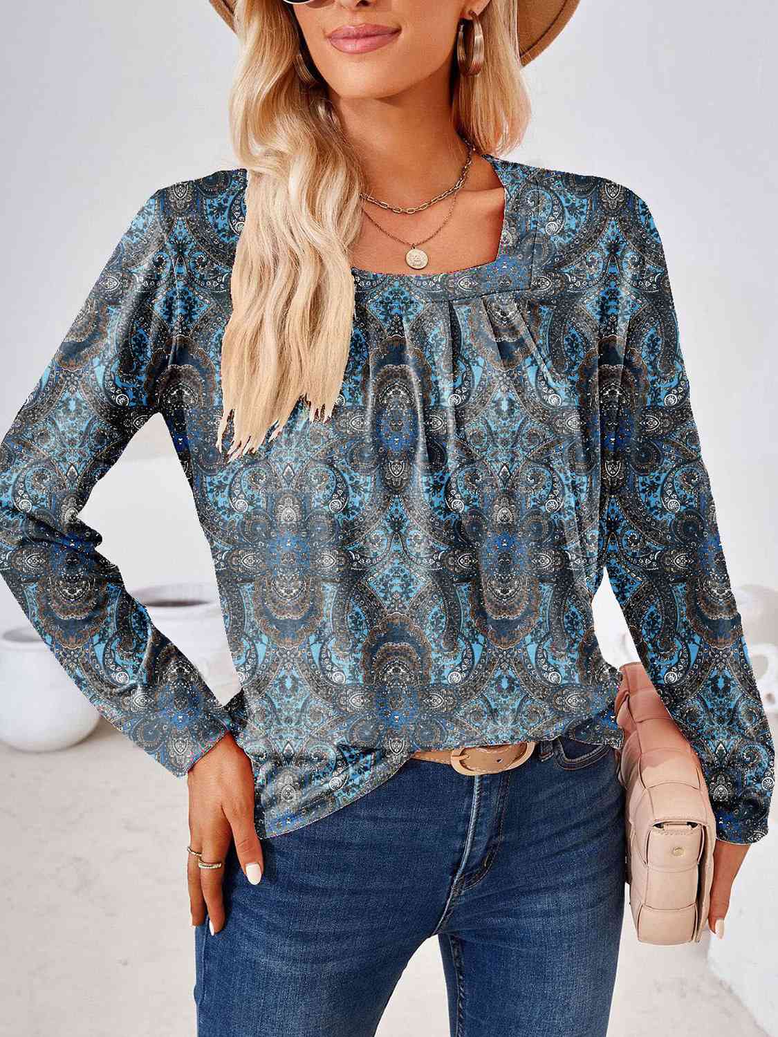 Full Size Square Neck Long Sleeve Blouse BLUE ZONE PLANET