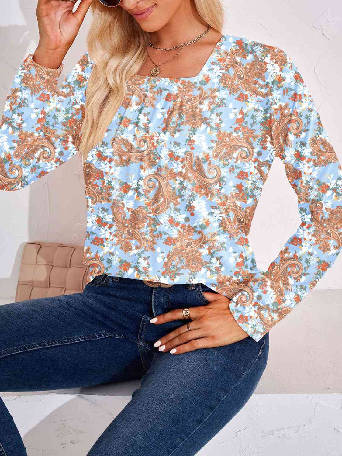 Full Size Square Neck Long Sleeve Blouse BLUE ZONE PLANET